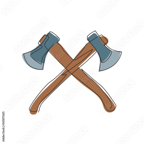 Continuous one line drawing lumberjack axes crossed icon. Crossed axes, crossed firefighter axe, fire service fireman axe, Hatchet in vector format. Single line draw design vector graphic illustration