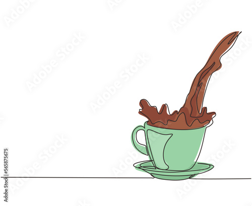 Continuous one line drawing pouring cup of black coffee creating splash. Coffee spilling out of cup. Pour coffee into porcelain glass with steam cup. Single line draw design vector illustration