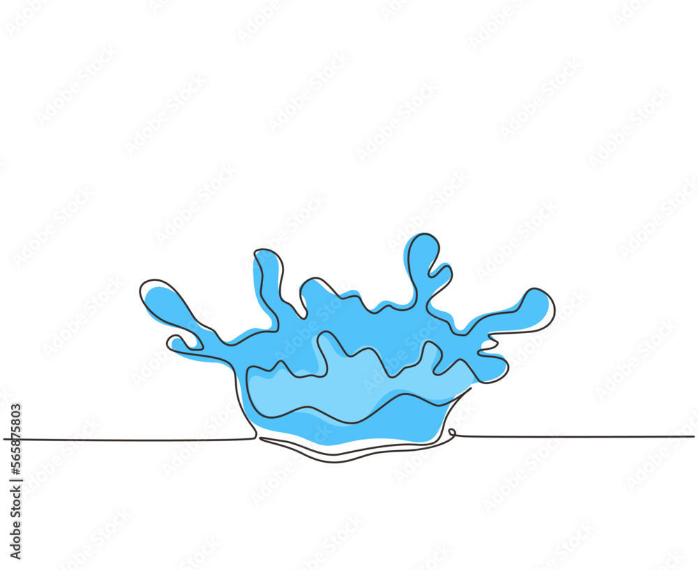 Single one line drawing blue water splash and drops isolated on white ...