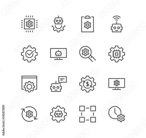 Set of robots related and robotic process automation icons, autopilot, chatbot, broken bot and linear variety vectors.