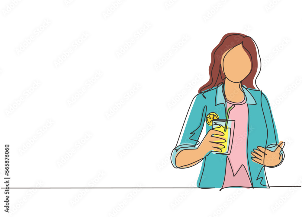 Single one line drawing happy woman showing summer refreshing fruit flavored infused water with fresh organic lemon, lime, mint at glass. Relax time. Continuous line draw design vector illustration Single one line drawing happy woman showing summer refreshing fruit flavored infused water with fresh organic lemon, lime, mint at glass. Relax time. Continuous line draw design vector illustration