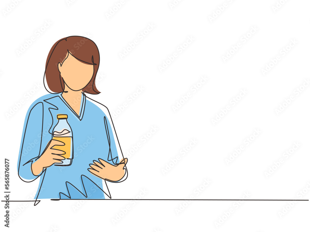 Single one line drawing young woman holds and showing bottle of fresh almond milk healthy vegetarian product smiles happily. Food nutrition for people. Continuous line draw design vector illustration Single one line drawing young woman holds and showing bottle of fresh almond milk healthy vegetarian product smiles happily. Food nutrition for people. Continuous line draw design vector illustration
