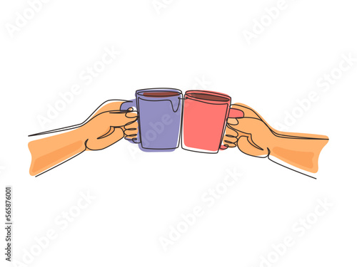 Continuous one line drawing close up cropped of woman man two hands horizontal holding cups of tea, toasting clinking. Friends leisure, healthy lifestyle. Single line draw design vector illustration