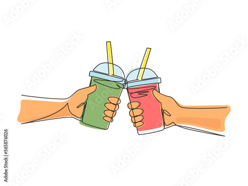 Single one line drawing two hands holding plastic cup bubble tea is toasting and clinking. Brown sugar flavor tapioca pearl bubble milk tea with glass straw. Continuous line draw design graphic vector