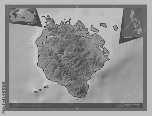 Marinduque, Philippines. Grayscale. Labelled points of cities photo