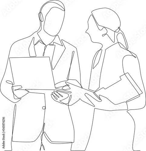 One continuous line drawing of people discussing a problem. Teamwork minimalist concept. Problem-solving business concept. Teamwork, vector graphic design illustration.