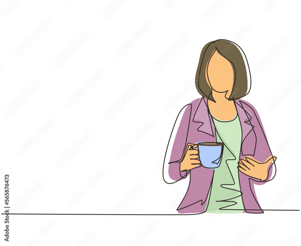 Single one line drawing business woman holding and showing coffee cup ...