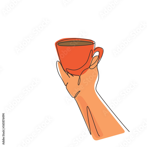 Continuous one line drawing hand hold cup of coffee steam light bulb. Worker want to drink coffee before work. Happy break morning time at office. Single line draw design vector graphic illustration