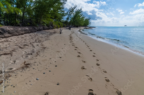 A view over footprints on a deserted beach on the island of Eleuthera, Bahamas on a bright sunny day