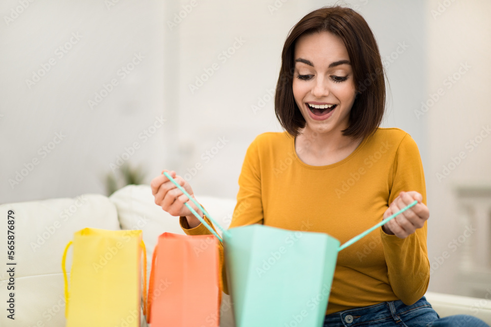 Overjoyed young woman customer receive purchases, home interior Overjoyed young woman customer receive purchases, home interior