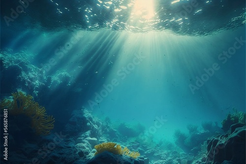 水中 光 海底 魚 海 太陽 深海 泡 海藻 洞窟 青, generative ai