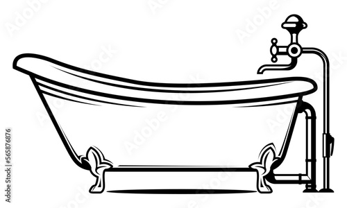 Vintage bathtub on legs with open pipes and tap, elegant old bathroom equipment, vector
