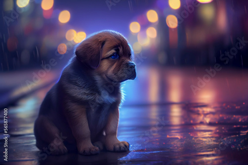 A lonely puppy abandoned in an alley, its big eyes full of sadness as it looks for a way out, illustration