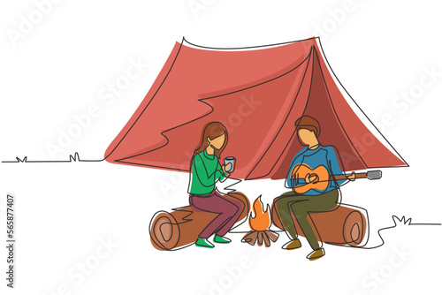 Single continuous line drawing man woman getting warm near campfire. Girl drinking tea and guy playing guitar, sitting on logs. Couple near bonfire, romantic date camping. One line draw design vector