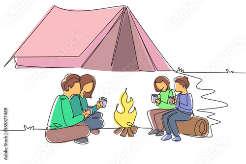 Single continuous line drawing happy family camping with campfire and drinking hot tea. Kids sitting on logs, mom dad sitting on ground in forest. Wild nature. One line draw design vector illustration