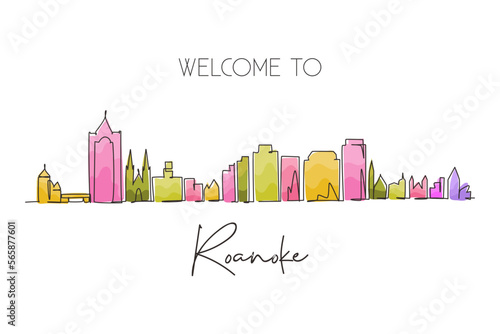 Single continuous line drawing Roanoke city skyline, Virginia. Beautiful landmark. World landscape tourism travel home wall decor poster print art. Dynamic one line graphic design vector illustration