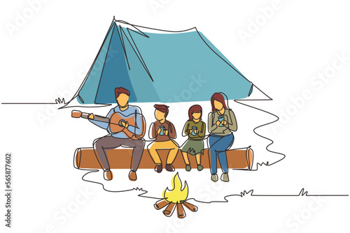 Single continuous line drawing adventure hiker family camping with bonfire. Drinking hot tea sitting on logs. Father playing guitar and sing song with child. One line draw design vector illustration
