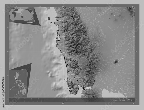Zambales, Philippines. Grayscale. Labelled points of cities photo