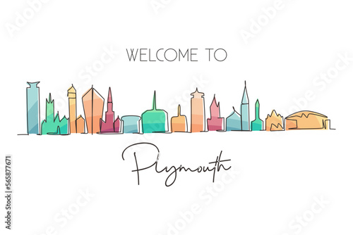 Single one line drawing Plymouth city skyline, England. Beautiful landmark. Beautiful world landscape tourism travel wall decor poster, postcard. Modern continuous line draw design vector illustration