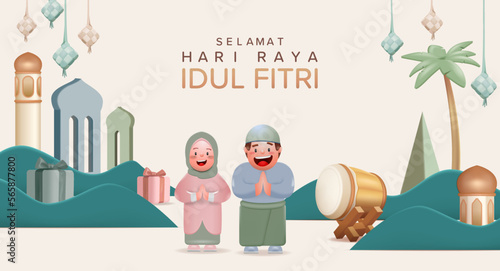 Cute Boy and Girl for Greetings Marhaban Ya Ramadan Vector Illustration. 3D Realistic Ramadan Kareem Poster Design