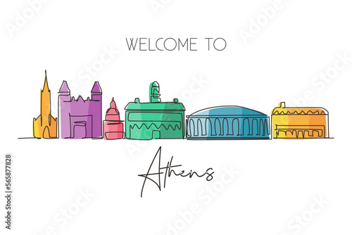 Single continuous line drawing Athens city skyline, Ohio. Famous city scraper landscape. World travel home wall decor art poster print concept. Dynamic one line draw graphic design vector illustration