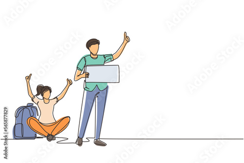 Continuous one line drawing hitchhiking men and women with luggage and thumbs up waiting for car by roadside. Adventure travel, road trip, tourism. Single line draw design vector graphic illustration