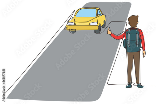 Single continuous line drawing hitchhiking road travel. Man with big backpack stopped ride by thumbing. Vacation and trip concept for banner, website. One line draw graphic design vector illustration