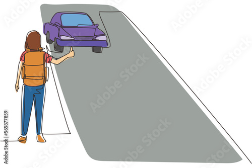 Single one line drawing woman with backpack traveling by auto stop. Car, thumb up, road. Vacation and trip concept for banner, website. Modern continuous line draw design graphic vector illustration