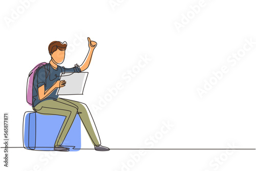 Single one line drawing man with backpacks sitting near road and hitchhiking. Male thumbing or hitching ride. Adventure travel, road trip, tourism. Continuous line draw design vector illustration