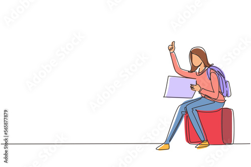 Single one line drawing woman with backpacks sitting near road and hitchhiking. Female thumbing or hitching ride. Adventure travel, road trip, tourism. Continuous line draw design vector illustration