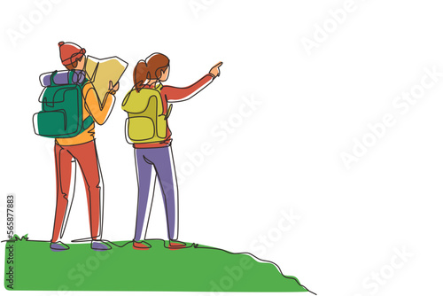 Single one line drawing smiling couple planning the route and looking at the map. Travel, vacation, holidays and adventure. Mountain landscape. Continuous line draw design graphic vector illustration