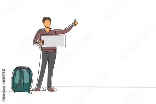 Single one line drawing hitchhiking man with luggage and thumbs up waiting for car by roadside. Smiling man thumbing or hitching ride. Modern continuous line draw design graphic vector illustration
