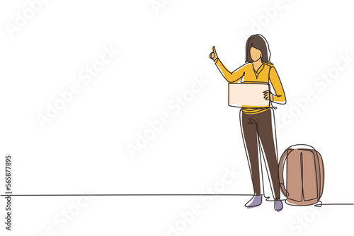 Single one line drawing women with luggage and thumbs up waiting for car by roadside. Hitchhiking road travel. Vacation and trip concept. Modern continuous line draw design graphic vector illustration