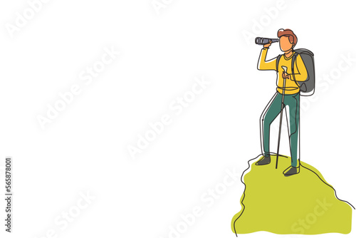 Single one line drawing man trekking on mountain. Young male traveling in mountains, standing on top, looking in binoculars. Tourist outdoor. Continuous line draw design graphic vector illustration