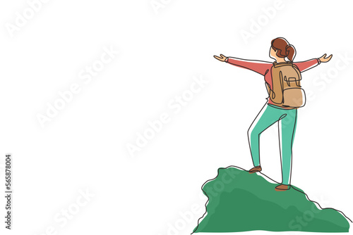 Single continuous line drawing climber woman stands with arms outstretched on top of mountain. Winner motivational concept. Tourist with backpack. Traveler in summer rocks. One line draw design vector