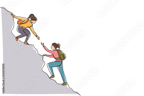 Single one line drawing two woman help each other to climb up the mountain. Help hand, hope and support. Business, success, leadership, achievement and goal concept. Continuous line draw design vector