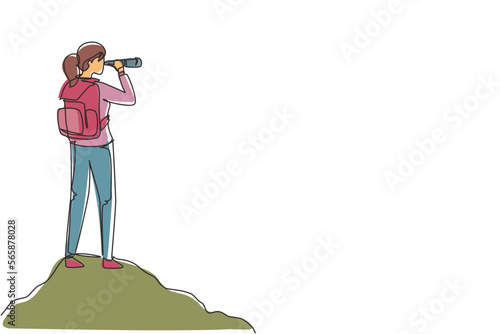 Single one line drawing girl trekking on mountain. Young woman traveling in mountains, standing on top, looking in binoculars. Tourist outdoor scene. Continuous line draw design vector illustration