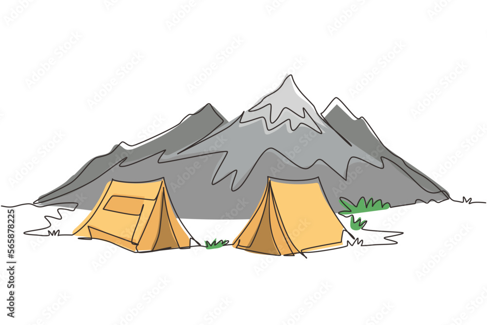 Continuous one line drawing two tents in adventure camping night