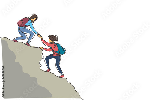 Continuous one line drawing two people woman success on peak of mountain. Team of climbers helping hand on mountain top. Teamwork hiking, trust assistance in mountains. Single line draw design vector