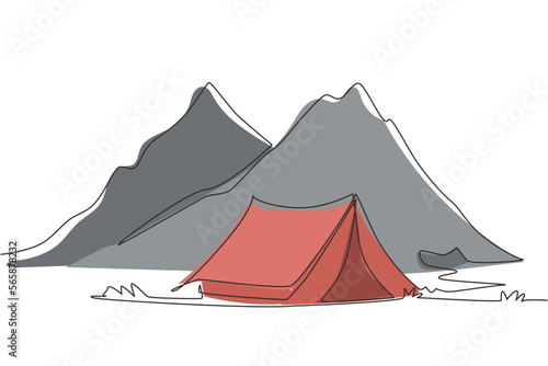 Single one line drawing adventure camping night landscape. Tent, campsite, pine forest and rocky mountains. Sports, hiking, camping, outdoor recreation. Continuous line draw design vector illustration