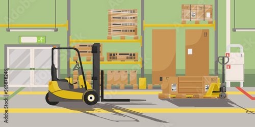 Warehouse interior with cardboard boxes on metal racks. Storage interior with goods package by film, pallet truck, forklift truck. Cargo and logistic business concept banner. Flat vector illustration