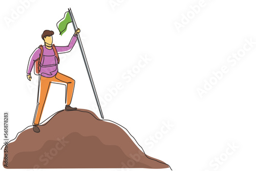 Single continuous line drawing backpacker, hiker, man traveller or explorer standing, holding flag and looking at nature. Hiking, backpacking, adventure tourism and travel. One line draw design vector