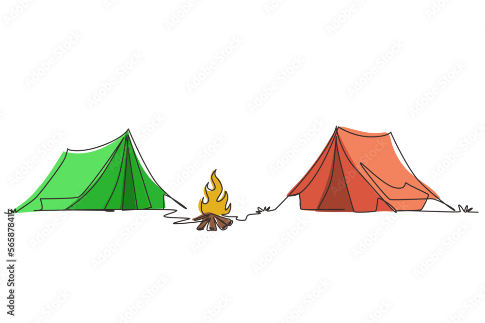 Single one line drawing two tent with bonfire. Climbing, trekking, hiking, walking. sports, camping, outdoor recreation, adventures in nature, vacation. Continuous line draw design vector illustration - obrazy, fototapety, plakaty 