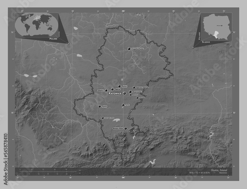 Slaskie, Poland. Grayscale. Labelled points of cities