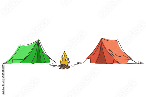 Single one line drawing two tent with bonfire. Climbing, trekking, hiking, walking. sports, camping, outdoor recreation, adventures in nature, vacation. Continuous line draw design vector illustration