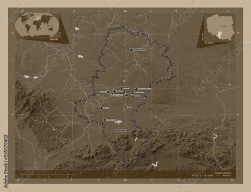 Slaskie, Poland. Sepia. Labelled points of cities