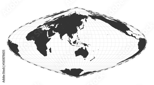 Vector world map in Craster parabolic projection. A plain geographical map with latitude and longitude lines, centered at 120 degrees W longitude.