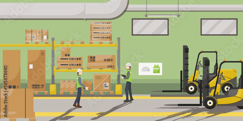 Warehouse interior with cardboard boxes on metal racks and pallet truck. Two staff in green uniform at storage house working on forklift truck. Logistic business concept banner. Vector illustration