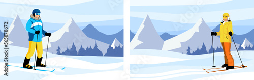 Set of skiers in snowy mountains. Winter sports activities on skis in country cross. Ski resort landscape with Alps rocks on background. Man and woman healthy and sporty lifestyle. Vector illustration