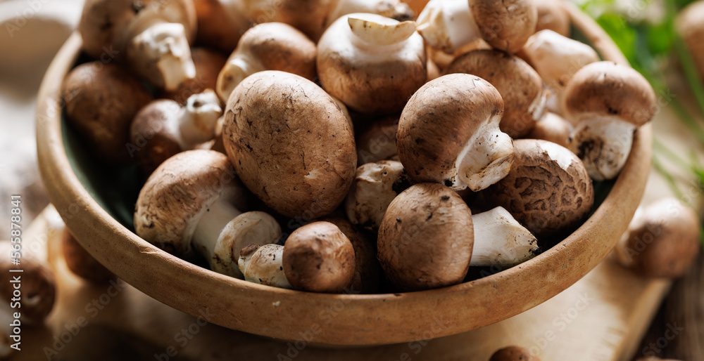 Fresh brown mushrooms in a ceramic rustic bowl, close up view. Organic brown mushrooms Fresh brown mushrooms in a ceramic rustic bowl, close up view. Organic brown mushrooms